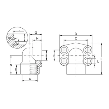Flange a 90° Filettate "UN" con Filetto Cilindrico con Sede O-ring Oleo Tecnica